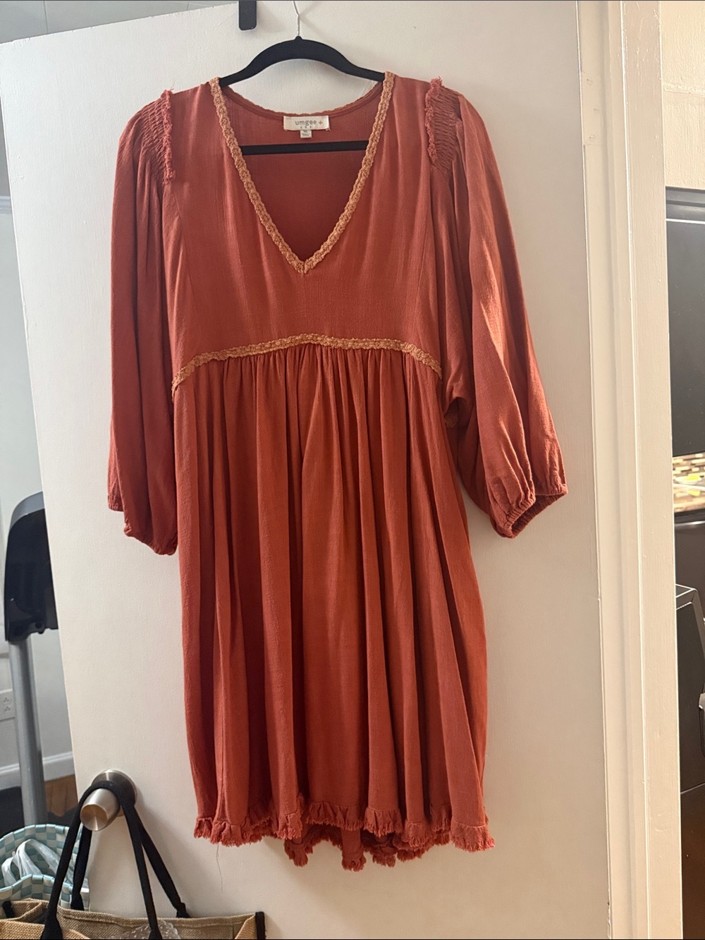 Umgee Rust Orange V-Neck Mini Dress with Lace Trim